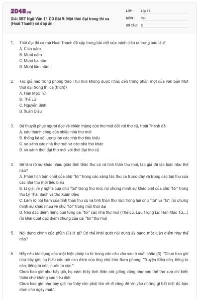 Giải SBT Ngữ Văn 11 CD Bài 9: Một thời đại trong thi ca (Hoài Thanh) có đáp án