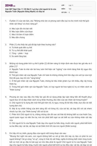 Giải SBT Ngữ Văn 11 CD Bài 9: Lại đọc chữ người tử tù của Nguyễn Tuân (Nguyễn Đăng Mạnh) có đáp án