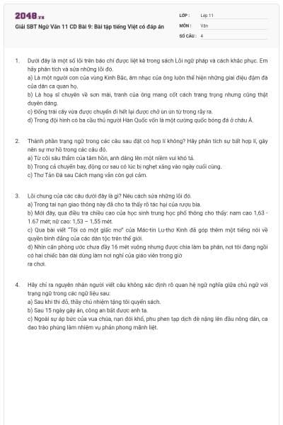 Giải SBT Ngữ Văn 11 CD Bài 9: Bài tập tiếng Việt có đáp án