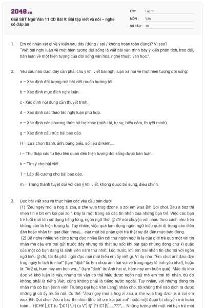 Giải SBT Ngữ Văn 11 CD Bài 9: Bài tập viết và nói – nghe có đáp án