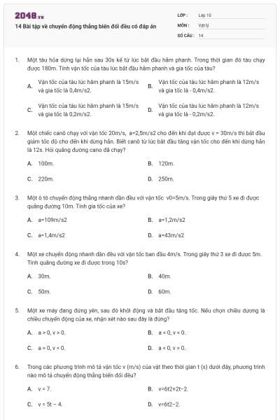 14 Bài tập về chuyển động thẳng biến đổi đều có đáp án