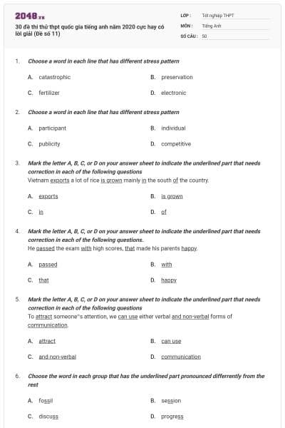 30 đề thi thử thpt quốc gia tiếng anh năm 2020 cực hay có lời giải (Đề số 11)