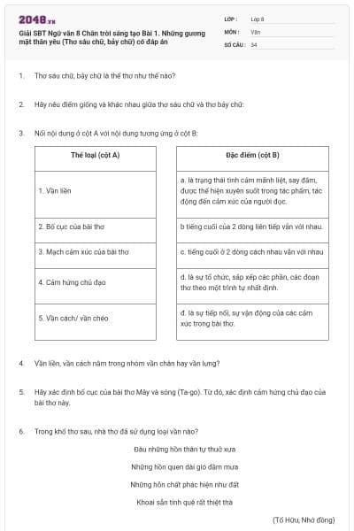 Giải SBT Ngữ văn 8 Chân trời sáng tạo Bài 1. Những gương mặt thân yêu (Thơ sáu chữ, bảy chữ) có đáp án