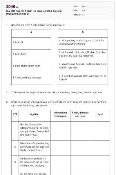Giải SBT Ngữ văn 8 Chân trời sáng tạo Bài 3. Sự sống thiêng liêng có đáp án