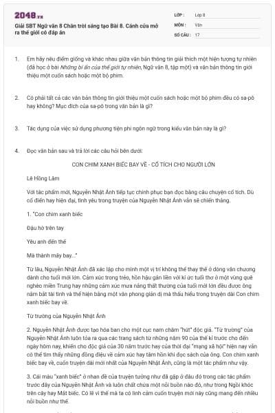 Giải SBT Ngữ văn 8 Chân trời sáng tạo Bài 8. Cánh cửa mở ra thế giới có đáp án