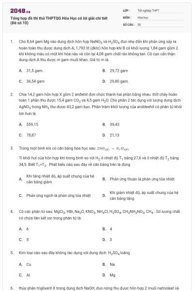 Tổng hợp đề thi thử THPTQG Hóa Học có lời giải chi tiết (Đề số 10)