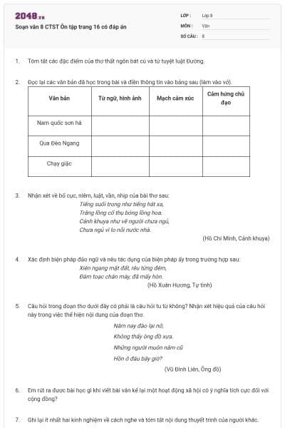 Soạn văn 8 CTST Ôn tập trang 16 có đáp án