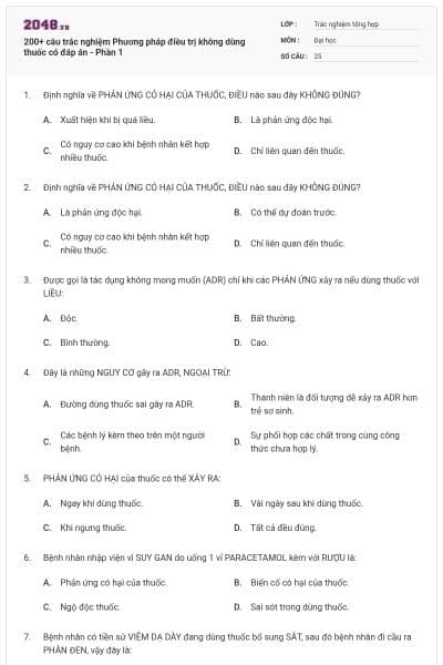 200+ câu trắc nghiệm Phương pháp điều trị không dùng thuốc có đáp án - Phần 1