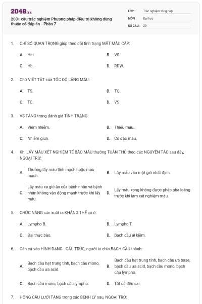 200+ câu trắc nghiệm Phương pháp điều trị không dùng thuốc có đáp án - Phần 7