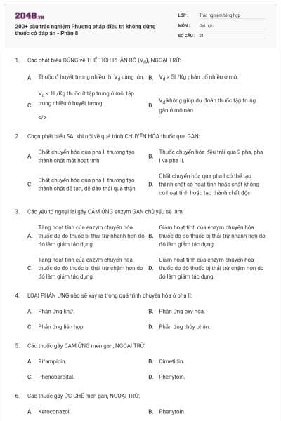 200+ câu trắc nghiệm Phương pháp điều trị không dùng thuốc có đáp án - Phần 8