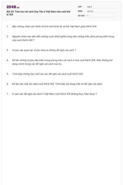 Bài 28: Trào lưu cải cách Duy Tân ở Việt Nam nửa cuối thế kỉ XIX