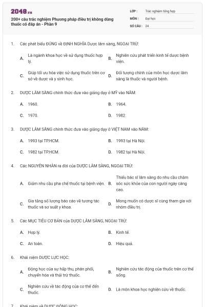 200+ câu trắc nghiệm Phương pháp điều trị không dùng thuốc có đáp án - Phần 9