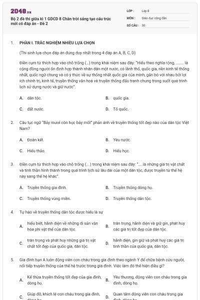 Bộ 2 đề thi giữa kì 1 GDCD 8 Chân trời sáng tạo cấu trúc mới có đáp án - Đề 2