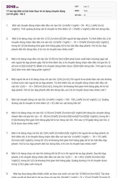 77 bài tập Một số bài toán thực tế về dạng chuyển động (có lời giải) - Đề 2