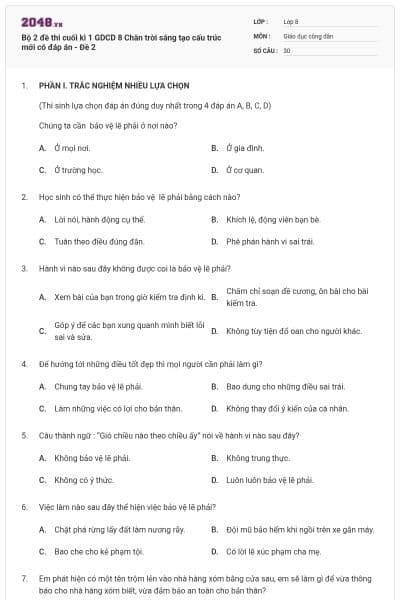 Bộ 2 đề thi cuối kì 1 GDCD 8 Chân trời sáng tạo cấu trúc mới có đáp án - Đề 2