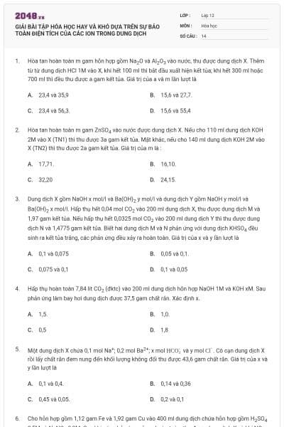 GIẢI BÀI TẬP HÓA HỌC HAY VÀ KHÓ DỰA TRÊN SỰ BẢO TOÀN ĐIỆN TÍCH CỦA CÁC ION TRONG DUNG DỊCH