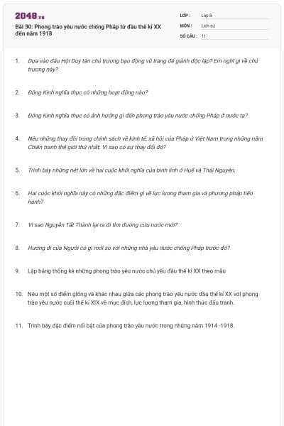 Bài 30: Phong trào yêu nước chống Pháp từ đầu thế kỉ XX đến năm 1918