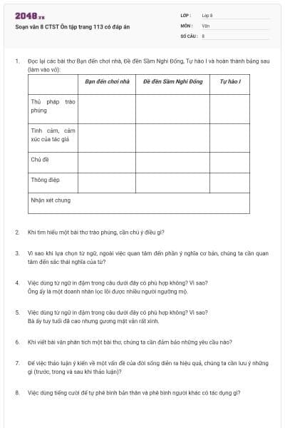 Soạn văn 8 CTST Ôn tập trang 113 có đáp án