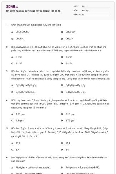 Ôn luyện hóa hữu cơ 12 cực hay có lời giải (Đề số 15)