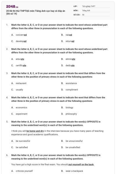 20 Đề thi thử THPTQG môn Tiếng Anh cực hay có đáp án (Đề số 14)