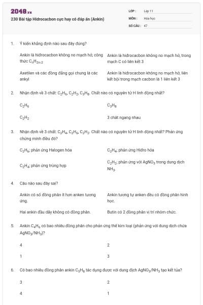 230 Bài tập Hidrocacbon cực hay có đáp án (Ankin)