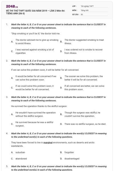 ĐỀ THI THỬ THPT QUỐC GIA NĂM 2019 – LẦN 2 Môn thi: TIẾNG ANH (Đề 6)