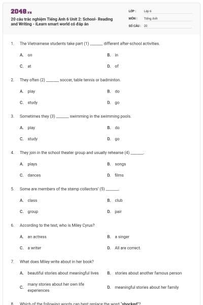 20 câu trắc nghiệm Tiếng Anh 6 Unit 2: School- Reading and Writing - iLearn smart world có đáp án