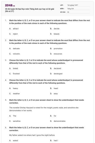 30 đề luyện thi Đại Học môn Tiếng Anh cực hay có lời giải (Đề số 27)