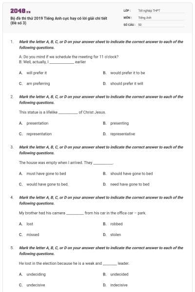 Bộ đề thi thử 2019 Tiếng Anh cực hay có lời giải chi tiết (Đề số 3)
