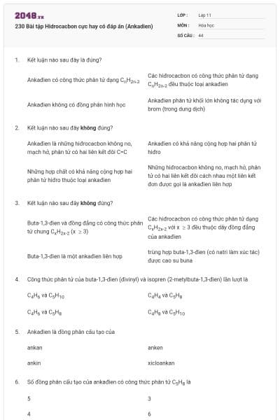 230 Bài tập Hidrocacbon cực hay có đáp án (Ankadien)