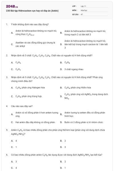 230 Bài tập Hidrocacbon cực hay có đáp án (Ankin)