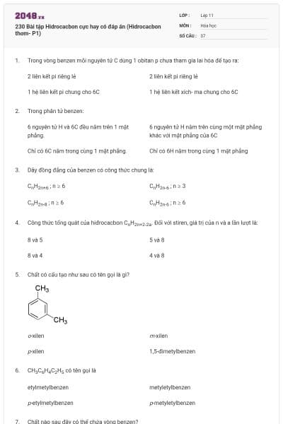 230 Bài tập Hidrocacbon cực hay có đáp án (Hidrocacbon thơm- P1)