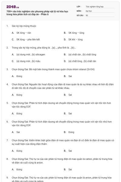 700+ câu trắc nghiệm các phương pháp vật lý và hóa học trong hóa phân tích có đáp án - Phần 6