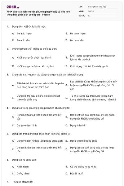 700+ câu trắc nghiệm các phương pháp vật lý và hóa học trong hóa phân tích có đáp án - Phần 8