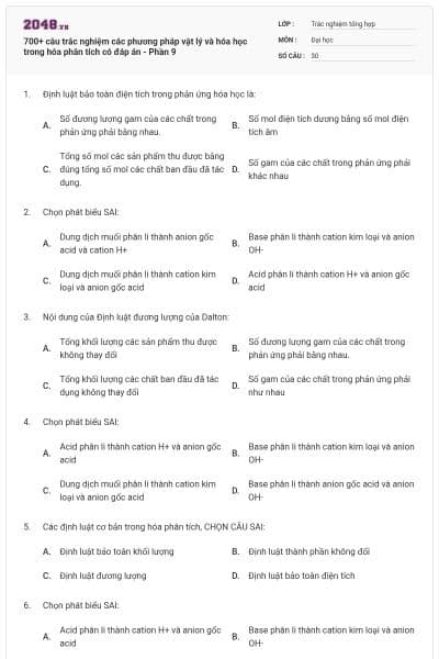 700+ câu trắc nghiệm các phương pháp vật lý và hóa học trong hóa phân tích có đáp án - Phần 9