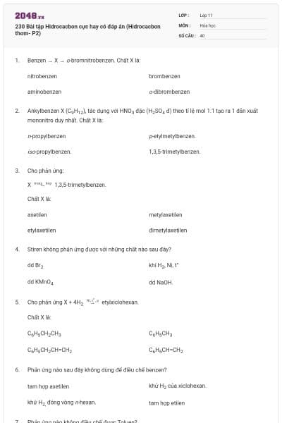 230 Bài tập Hidrocacbon cực hay có đáp án (Hidrocacbon thơm- P2)