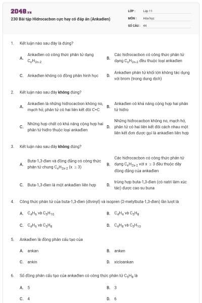 230 Bài tập Hidrocacbon cực hay có đáp án (Ankadien)