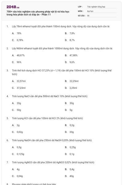 700+ câu trắc nghiệm các phương pháp vật lý và hóa học trong hóa phân tích có đáp án - Phần 11