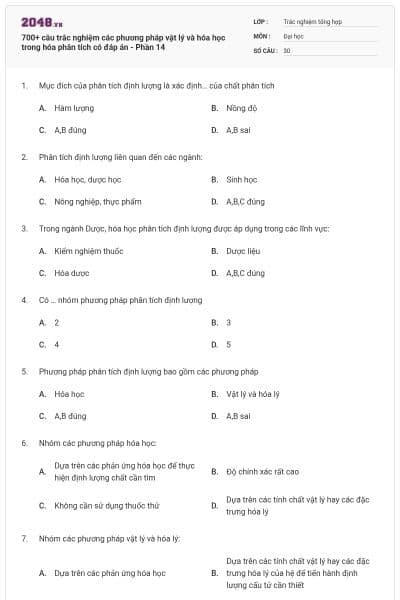 700+ câu trắc nghiệm các phương pháp vật lý và hóa học trong hóa phân tích có đáp án - Phần 14