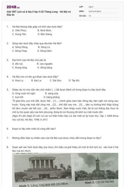 Giải VBT Lịch sử & Địa lí lớp 4 CD Thăng Long - Hà Nội có đáp án