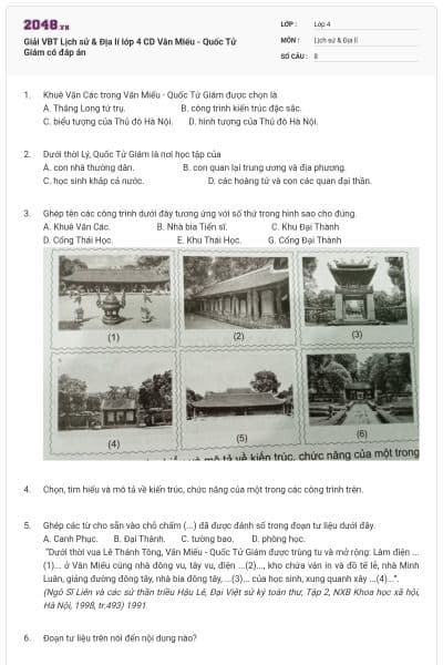Giải VBT Lịch sử & Địa lí lớp 4 CD Văn Miếu - Quốc Tử Giám có đáp án