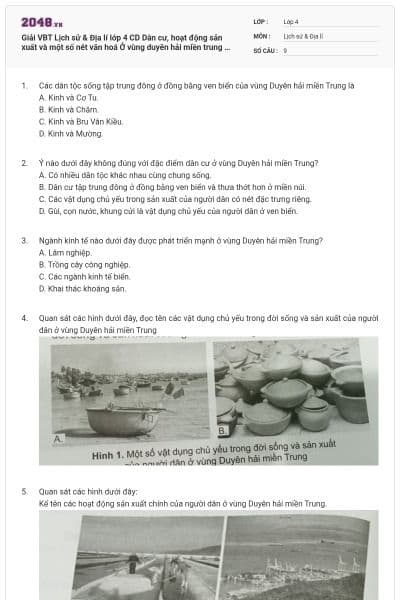 Giải VBT Lịch sử & Địa lí lớp 4 CD Dân cư, hoạt động sản xuất và một số nét văn hoá Ở vùng duyên hải miền trung có đáp án