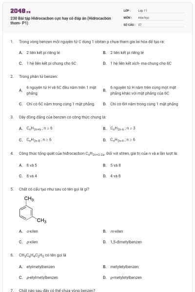 230 Bài tập Hidrocacbon cực hay có đáp án (Hidrocacbon thơm- P1)
