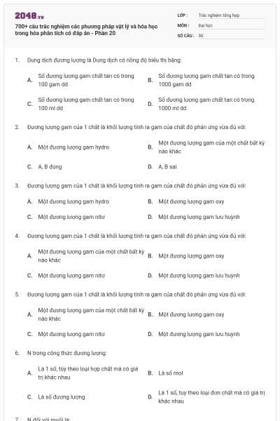 700+ câu trắc nghiệm các phương pháp vật lý và hóa học trong hóa phân tích có đáp án - Phần 20