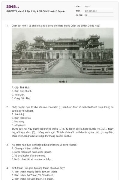 Giải VBT Lịch sử & Địa lí lớp 4 CD Cố đô Huế có đáp án