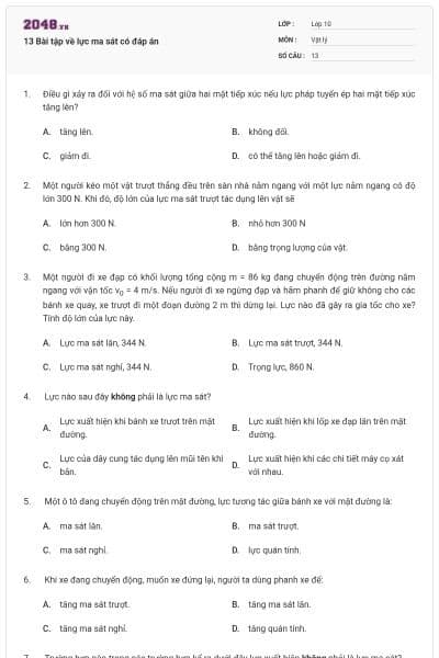 13 Bài tập về lực ma sát có đáp án