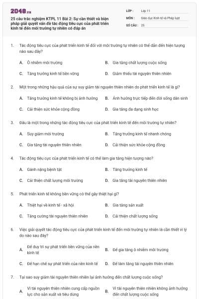 25 câu trắc nghiệm KTPL 11 Bài 2: Sự cần thiết và biện pháp giải quyết vấn đề tác động tiêu cực của phát triển kinh tế đến môi trường tự nhiên có đáp án