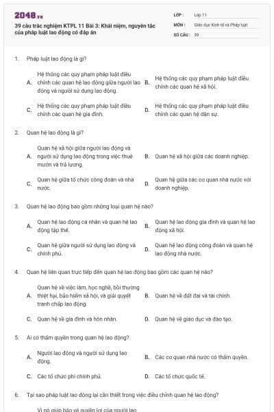 39 câu trắc nghiệm KTPL 11 Bài 3: Khái niệm, nguyên tắc của pháp luật lao động có đáp án