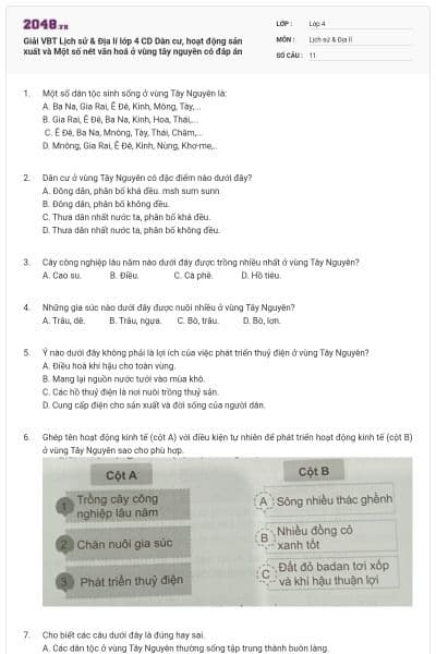 Giải VBT Lịch sử & Địa lí lớp 4 CD Dân cư, hoạt động sản xuất và  Một số nét văn hoá ở vùng tây nguyên có đáp án