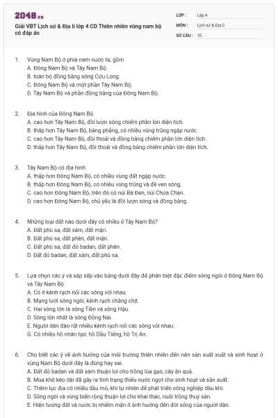 Giải VBT Lịch sử & Địa lí lớp 4 CD Thiên nhiên vùng nam bộ có đáp án